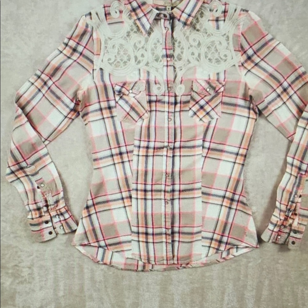 Plaid Button-Up Shirt with Lace Detail